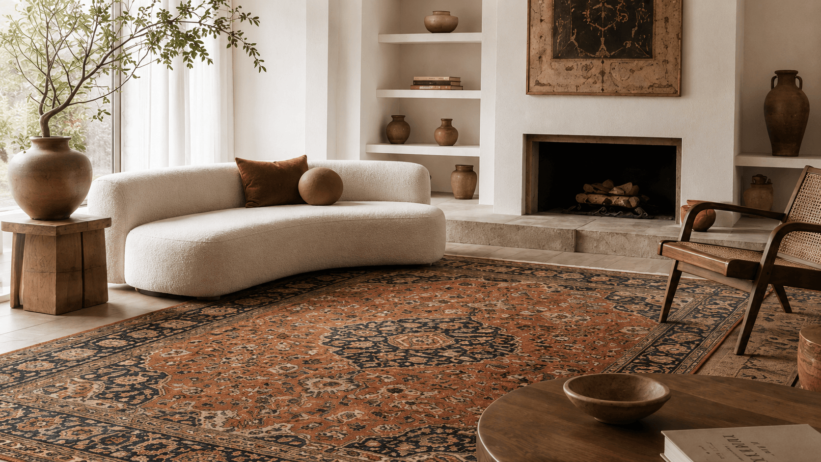 Precision-loomed Persian rug in a well-styled contemporary living room